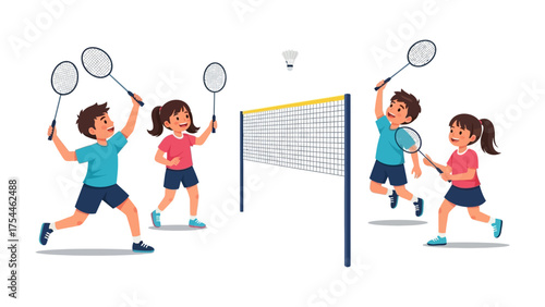 Playful Badminton Match: A group of children enthusiastically engage in a spirited badminton match, their rackets poised to strike the shuttlecock across the net.