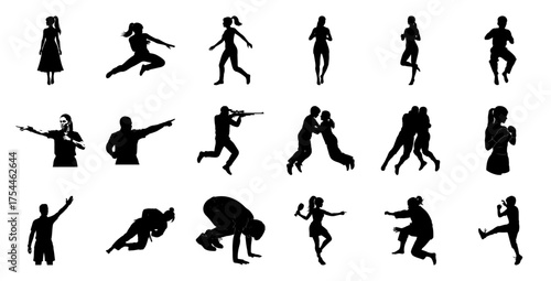 Silhouettes of people in various actions pose movement