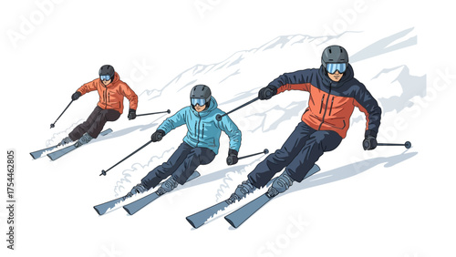 Precision Descent: Capturing the thrill of winter, three skiers carve down a snowy slope, showcasing perfect form and skill.