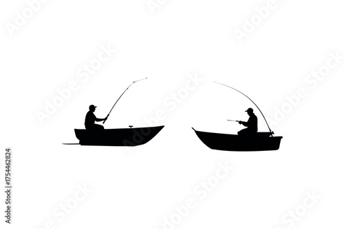 fisher man fishing in river with boat  silhouette