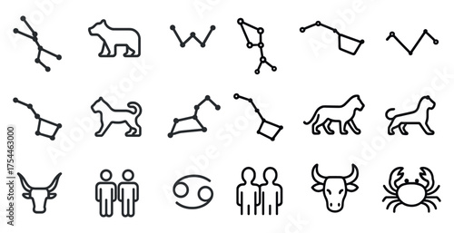 Constellations and zodiac outline icons set – astrology, stars, celestial symbols