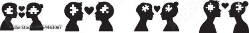Minimalist black silhouette illustration showing two human profiles with hearts and brain icons representing emotional connection, love, empathy, and psychological communication concept on white backg