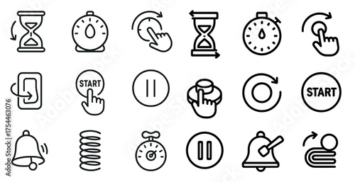 Time management linear icons set – silhouette, outline, clock and schedule symbols
