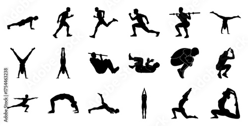 Silhouettes of people performing various exercises and yoga poses
