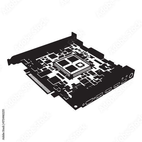 A detailed computer graphic card isolated on white background, showcasing its intricate circuitry and ports for high performance computing and gaming