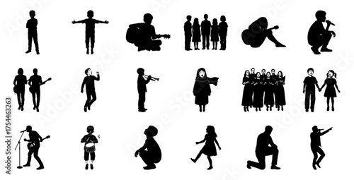 Silhouettes of people singing playing instruments dancing