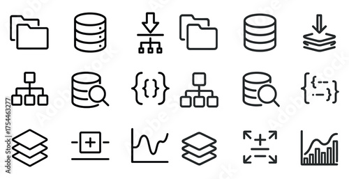 Database management icons set – outline, schema, data organization symbols