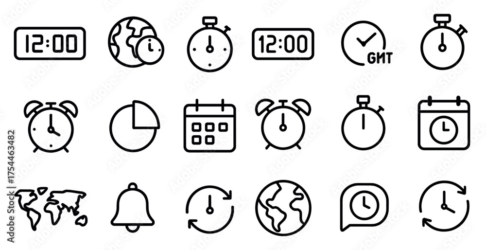 Fototapeta premium Time and clock outline icons set – linear, timing, schedule management symbols