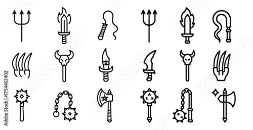 Medieval weapons outline icons set – linear, solid, fantasy and battle tools