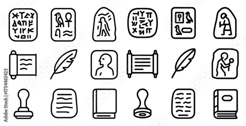 Ancient egypt line icons set – hieroglyphics, archaeology, historical culture symbols
