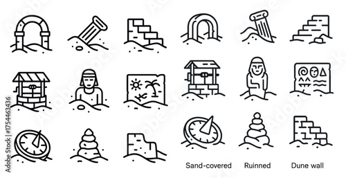 Ancient egypt outline icons set – pyramids, sphinx, archaeological symbols