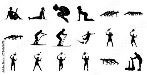 Sports and fitness silhouettes yoga skiing