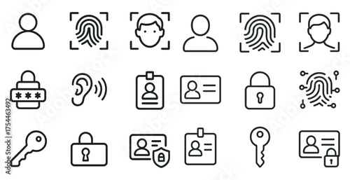 Biometric security outline icons set – fingerprint, password, access control symbols