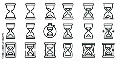 Time and clock outline icons set – linear, hourglass, stopwatch, timekeeping symbols