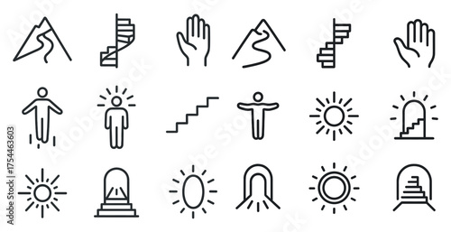 Nature and fitness outline icons set – linear, line, wellness and outdoor symbols