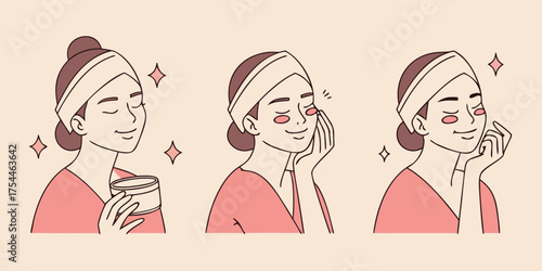 A flat, three-panel illustration showing the steps of a woman applying a skincare product.