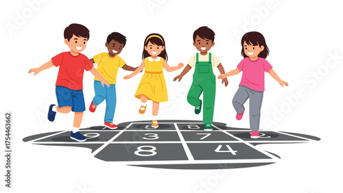 Hopscotch Joy: Five diverse children share a moment of pure joy while playing hopscotch. They exude happiness and togetherness while creating joyful memories.