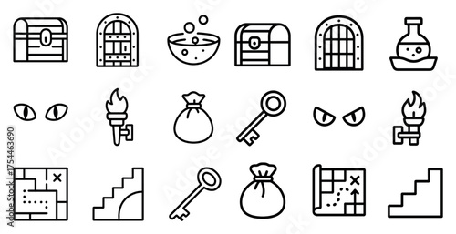 Fantasy adventure icons set – outline, linear, rpg and treasure hunt symbols