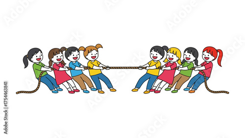 Tug-of-War: Children pull a rope in a friendly tug-of-war match. The children are full of determination and camaraderie.
