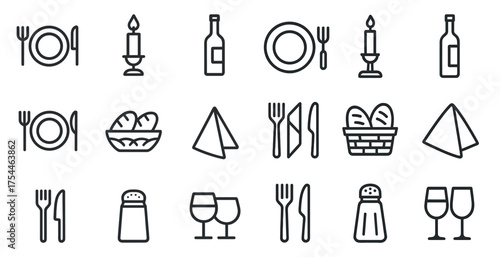 Dining and tableware outline icons set – line, flat, kitchen and restaurant symbols