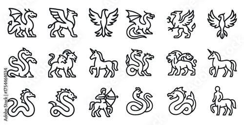 Mythical creatures outline icons set – line, fantasy, legendary beasts graphics