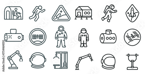 Space exploration outline icons set – linear, astronomy and astronaut symbols