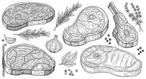 Assortment of Raw Beef Steaks with Herbs and Spices