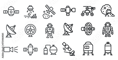 Space exploration outline icons set – linear, astral, and cosmic symbols