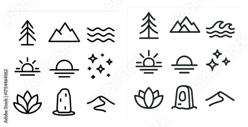 Nature and outdoors line icons set – outline, linear, adventure, exploration symbols