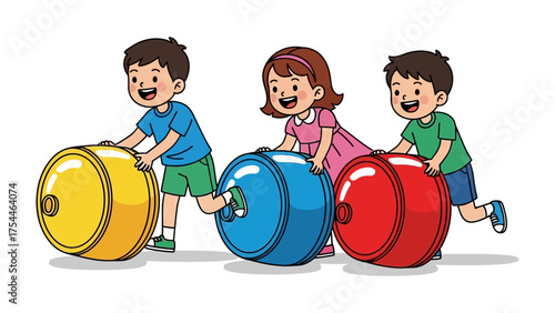 Joyful Childhood Games: Captivating image of three smiling children merrily rolling colorful barrels, embodying the simple joys of childhood.