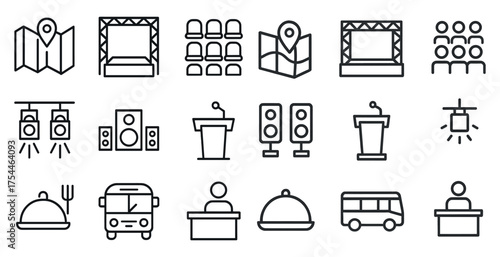 Event planning line icons set – outline, linear, conference and venue elements