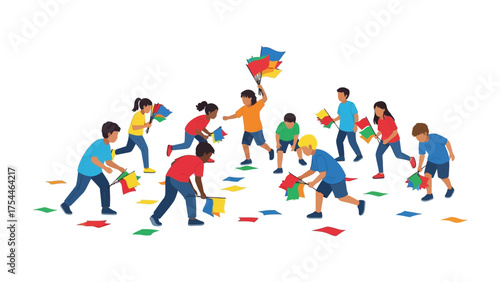 Joyful Paper Play: Capturing the essence of youthful exuberance, a vibrant scene unfolds as a group of diverse children engages in a lively paper game, scattering colorful sheets with pure glee.