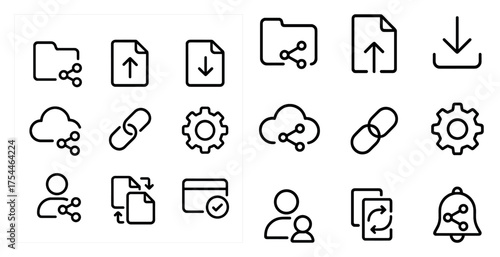 Data sharing and cloud outline icons set – solid, flat, network and connectivity symbols