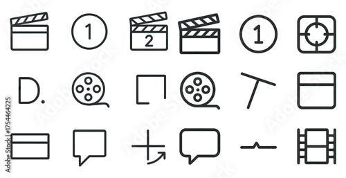 Film and cinema outline icons set – linear, movie, video production graphics