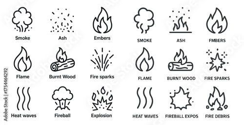 Fire and explosion outline icons set – smoke, flames, heat symbols for safety