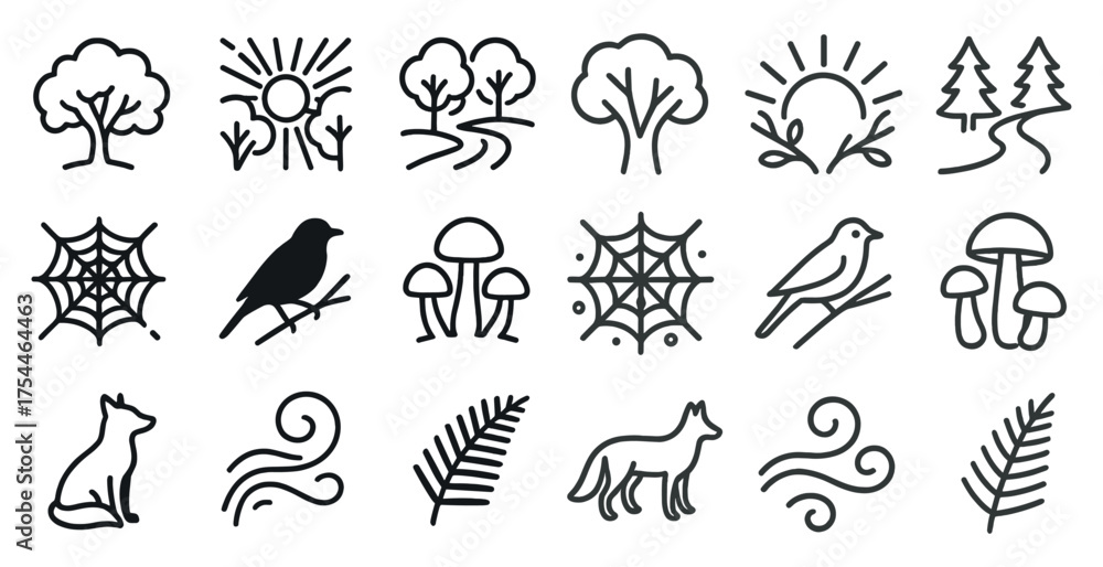 Fototapeta premium Nature and wildlife outline icons set – silhouette, fauna and flora symbols
