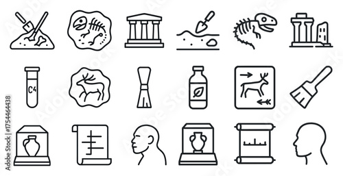 Archaeology line icons set – linear, outline, history and excavation symbols