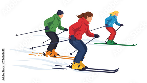 Winter sport and Adventure: Adventurous skiers carve down a snow-covered slope, capturing the exhilaration of winter sports and the spirit of exploration.