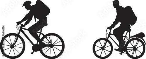 Silhouette of cyclists riding bicycles with backpacks on white background, active lifestyle and eco friendly transport concept showing people commuting by bike, vector illustration for design use