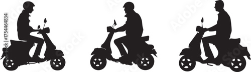 Silhouette of young men riding scooters on white background, urban transport concept showing people commuting on motorbikes, black vector illustration for travel and lifestyle design