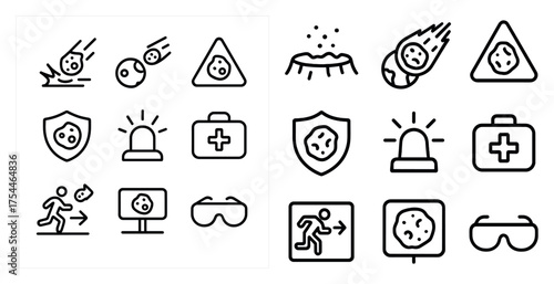 Asteroid safety outline icons set – meteor, hazard, emergency response symbols