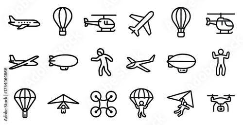 Transportation and travel outline icons set – line, silhouette, vehicle symbols