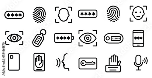 Biometric security outline icons set – identity, protection, access symbols