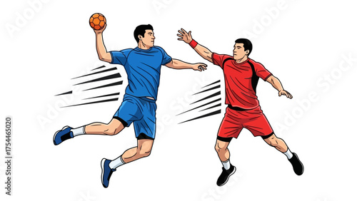 Dynamic Handball Match: Two athletes locked in a moment of fierce competition, a handball soaring through the air in a display of power and agility.