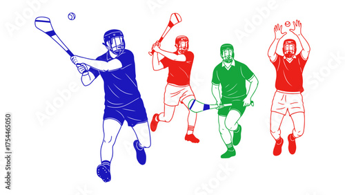 Hurling Players in Action: Dynamic silhouettes of hurling players showcase the speed, skill, and tradition of the sport, capturing the essence of Gaelic games.