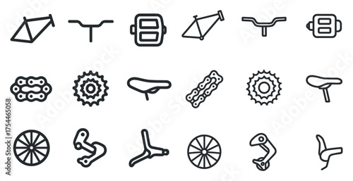 Bicycle parts outline icons set – tools, linear, cycling gear and bike components