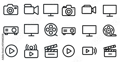 Video and photography outline icons set – linear, camera, multimedia symbols