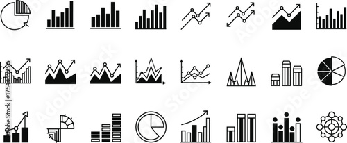 Black and white data visualization icon set featuring bar charts, pie charts, line graphs, and trend arrows for analytics design