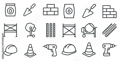 Construction and building outline icons set – linear, infrastructure, tools symbols