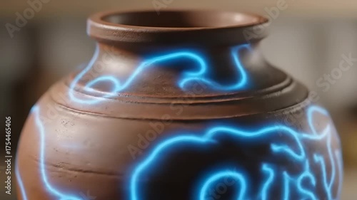 Unique Ceramic Vase with Neon Blue Lightning Pattern Glowing in Studio Light